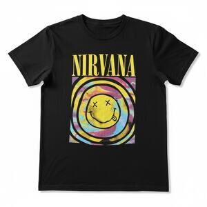 Nirvana Black Graphic T-Shirt – Yellow Smiley Face Band Tee, Short Sleeve, XS